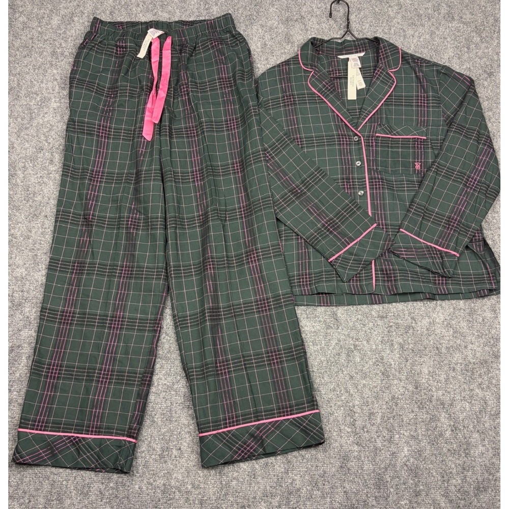 Victorias Secret Flannel Pajama Set Green Pink Plaid Shimmer Small Short NWT